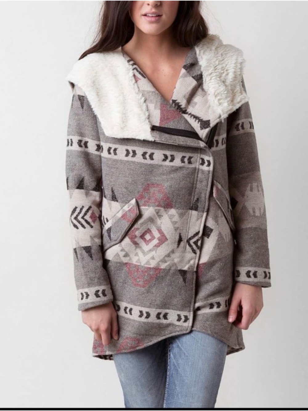 Me Jane Aztec Hooded Trench Coat - Cream & Taupe & Rust Wool Blend Size S